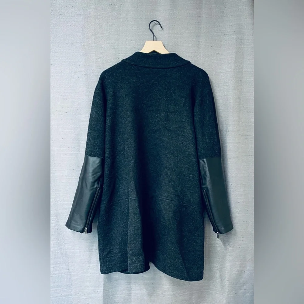 SOLD Eileen Fisher High Neck Black Leather Sleeve Dark Grey Wool Jacket Size XL - Picture 11 of 11